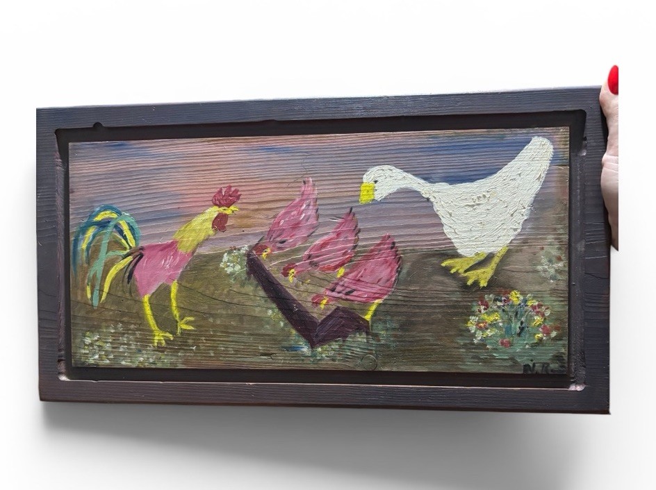 VTG 1975 Hand Painted Wood Plaque Folk Art Rooster Hens Duck Signed Farmhouse