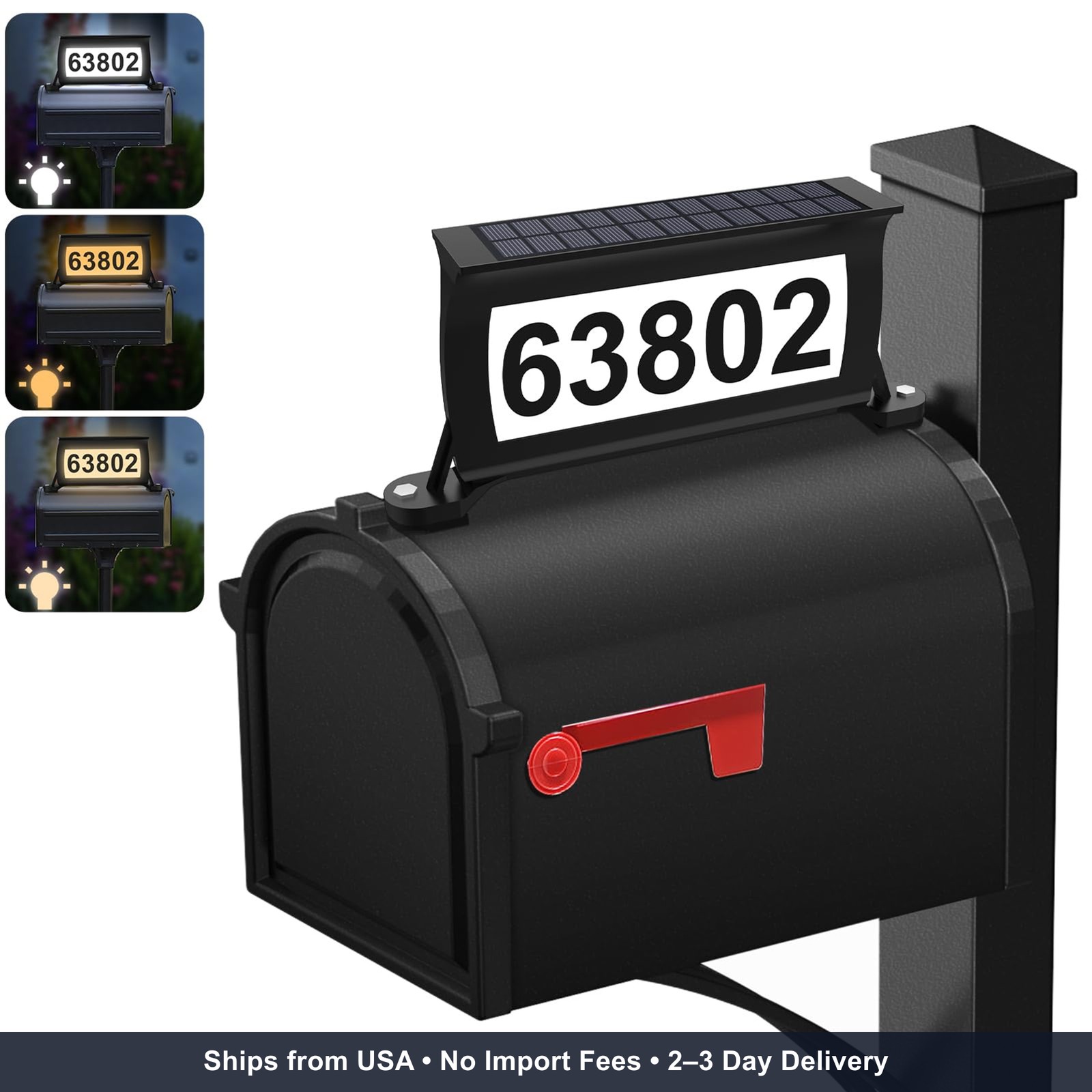 Solar Address Sign, 3 Colors-in-1 Waterproof Mailbox Number Plaque for Outside,