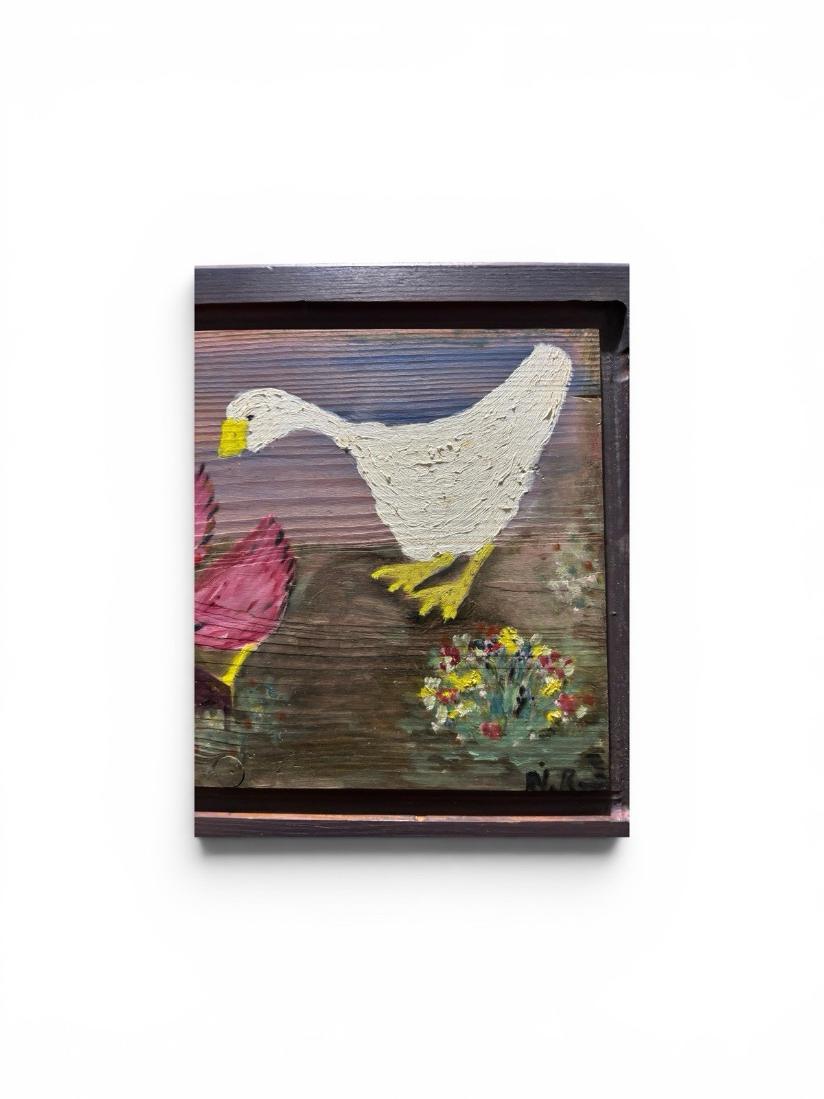 VTG 1975 Hand Painted Wood Plaque Folk Art Rooster Hens Duck Signed Farmhouse