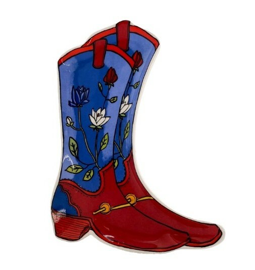The Pioneer Woman Dolomite Floral Boots Decorative Plate Red & Blue 5.5 X 7 New