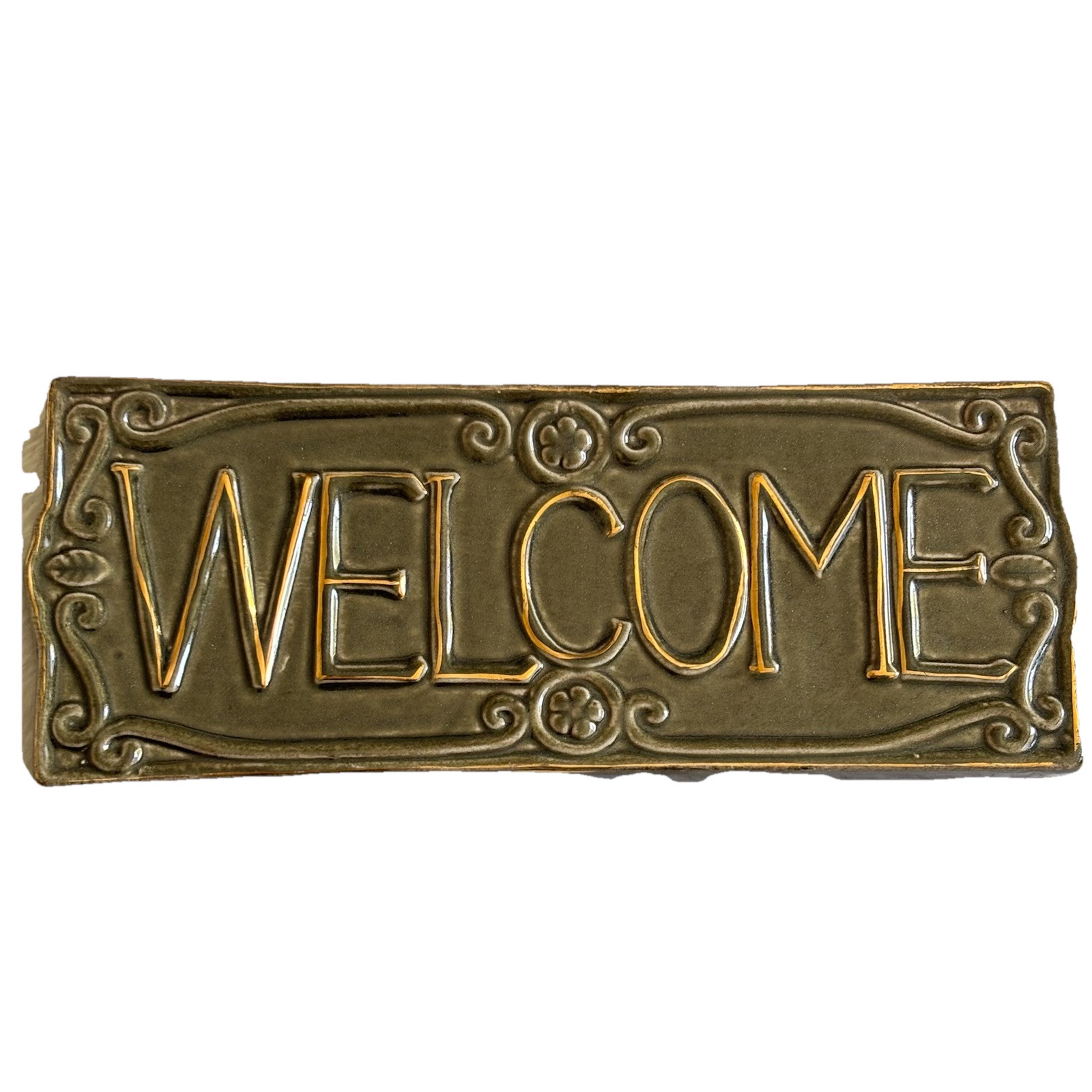 Ceramic Green Welcome Tile Plaque Entry 9 X 3.5 Inches
