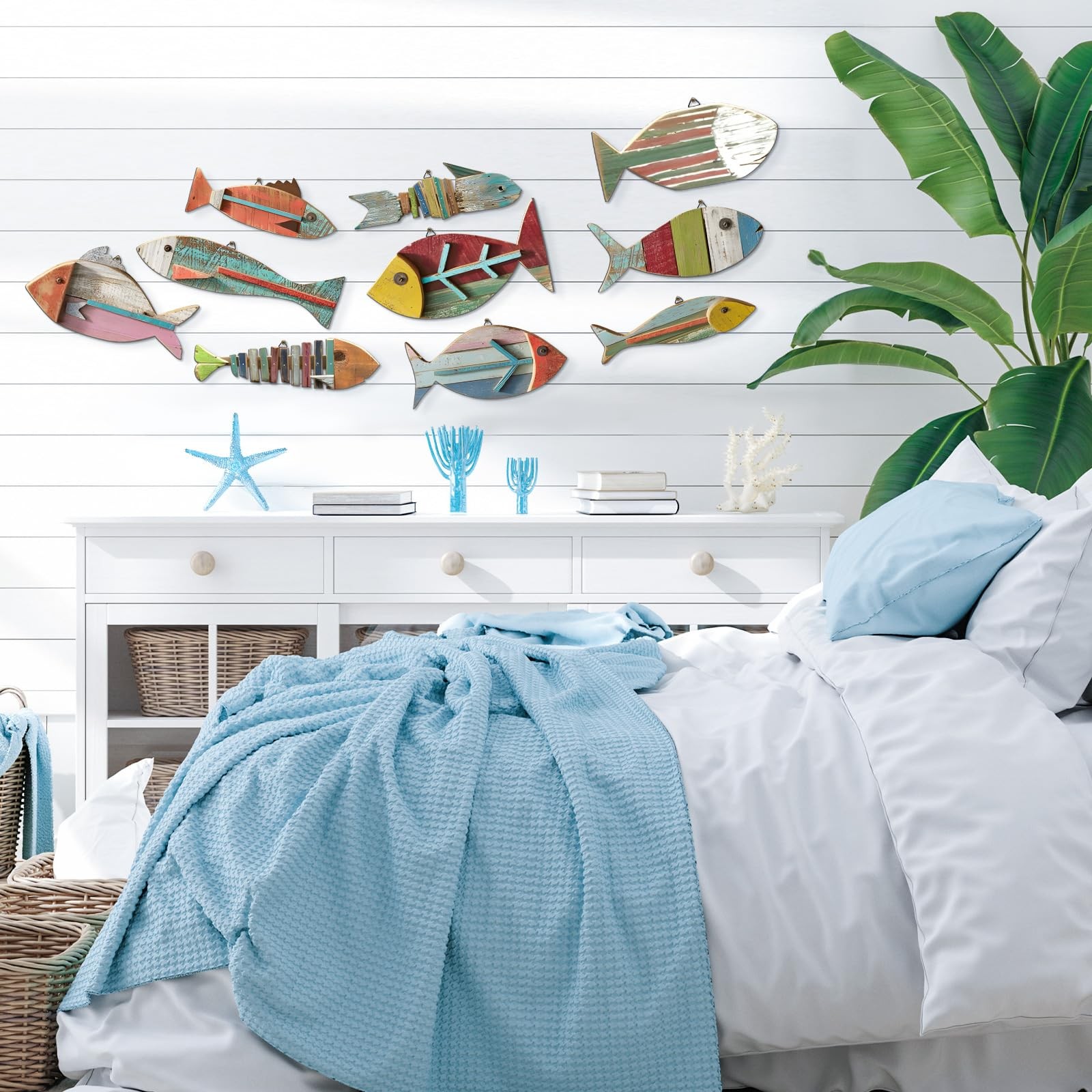 10 Pcs Wooden Fish Wall Decor Wood School of Fish Coastal Wall Decor Beach Wall.