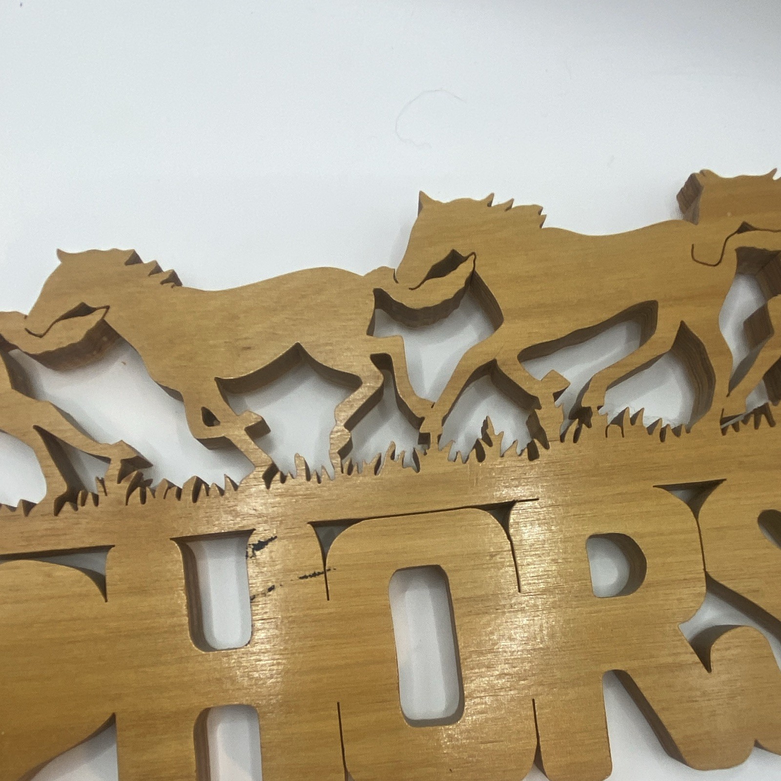 Handcrafted Rustic Brown Wood Hanging Plaque Sign “I Love Horses” Running Horses