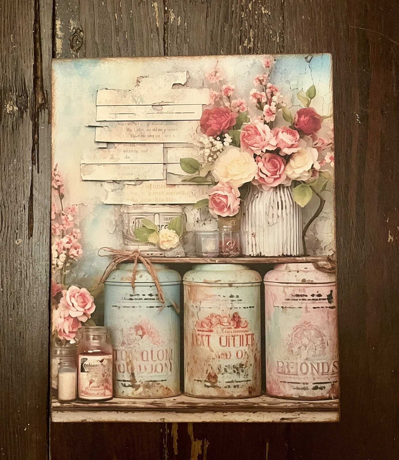 Shabby Chic Tins & Jars Flowers French Country Cottage Handcrafted Plaque #10