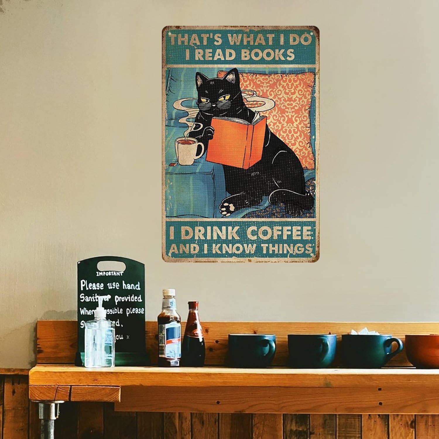 Vintage Cat Tin Sign,Funny Coffee-Drinking Cat Metal Sign,Retro café Wall Decor