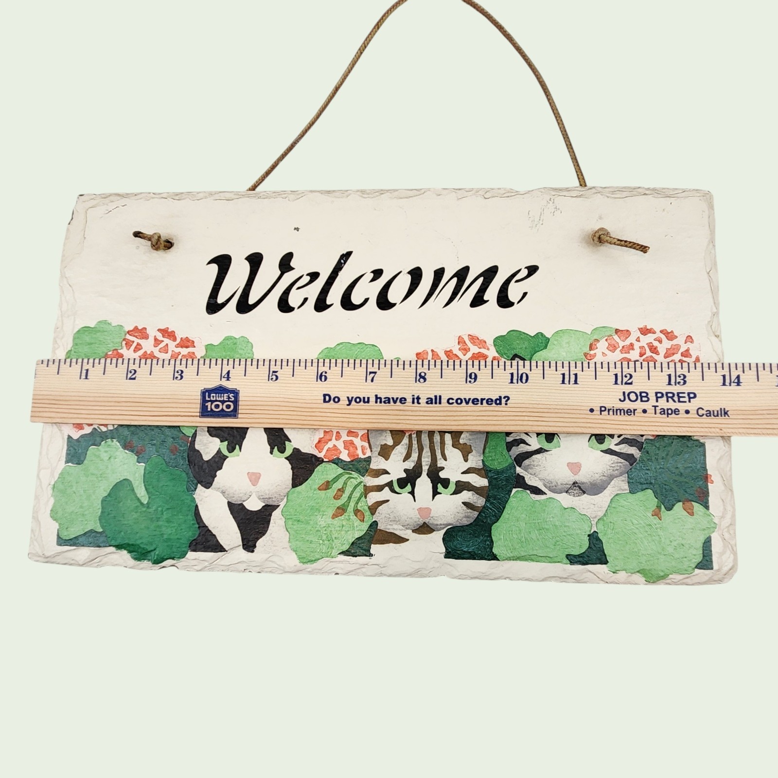 VTG ’79 Slate Cat Sign Handmade Hand‑Painted Welcome Plaque 14X7.75 Cozy Cottage