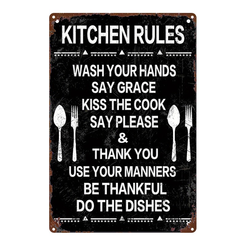 Distressed Black “Kitchen Rules” Metal Sign for Rustic and Farmhouse Kitchens