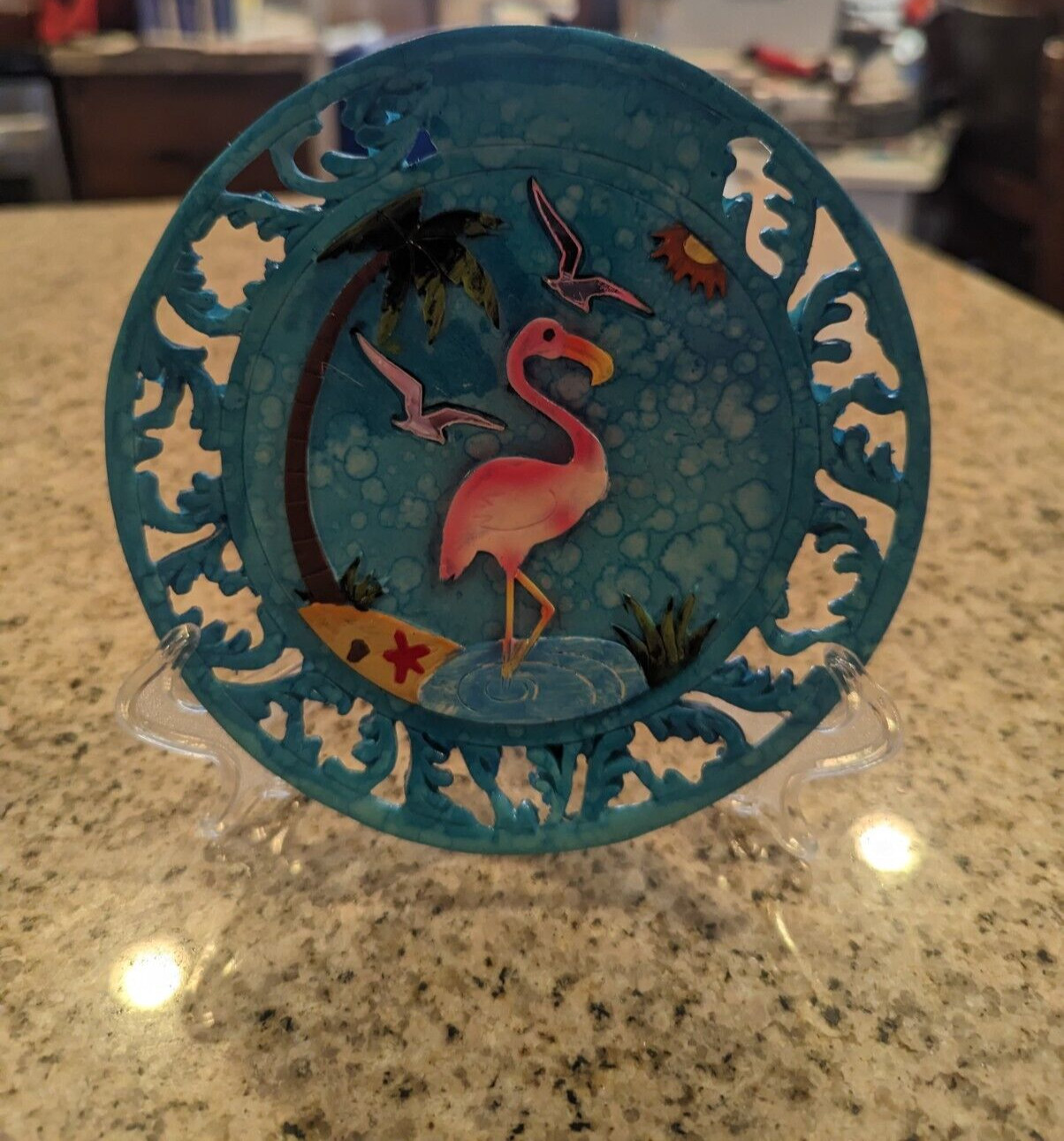 Pink Flamingo Plaque Sign 6 in Mistco beach birds blue + plastic holder