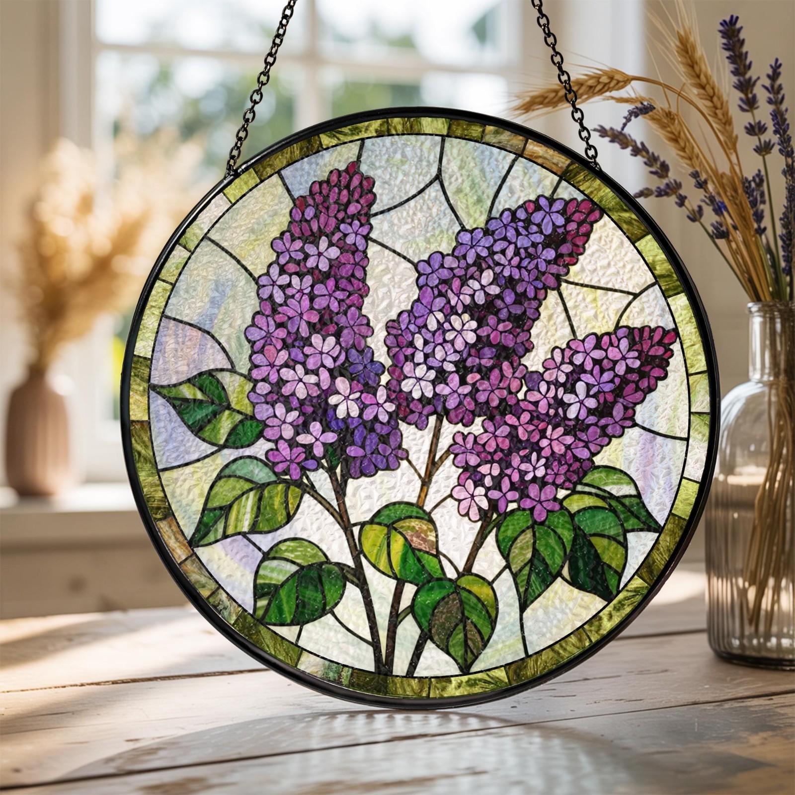 Purple Lilac Stained Glass Suncatcher: Floral Window Hanging