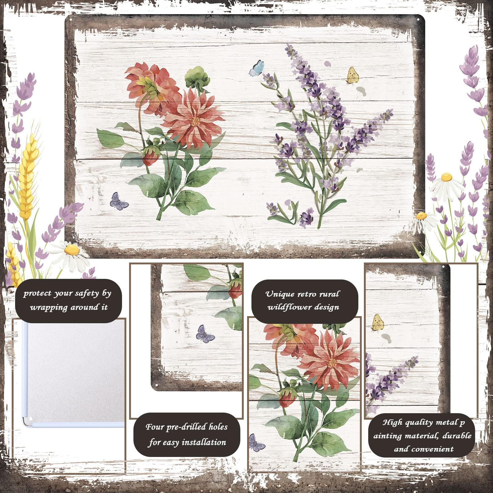 Loopeer 2 Pcs Vintage Flower Metal Tin Signs 12″L x 8″W, Multicolor