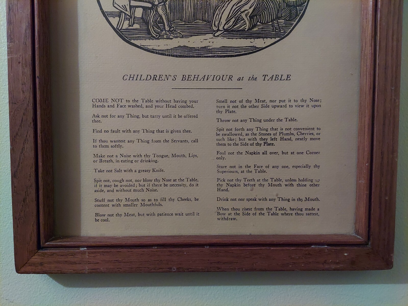 CHILDREN’S RULES FOR BEHAVIOR AT TABLE, 1787 FRAMED PICTURE, KITCHEN, RESTAURANT