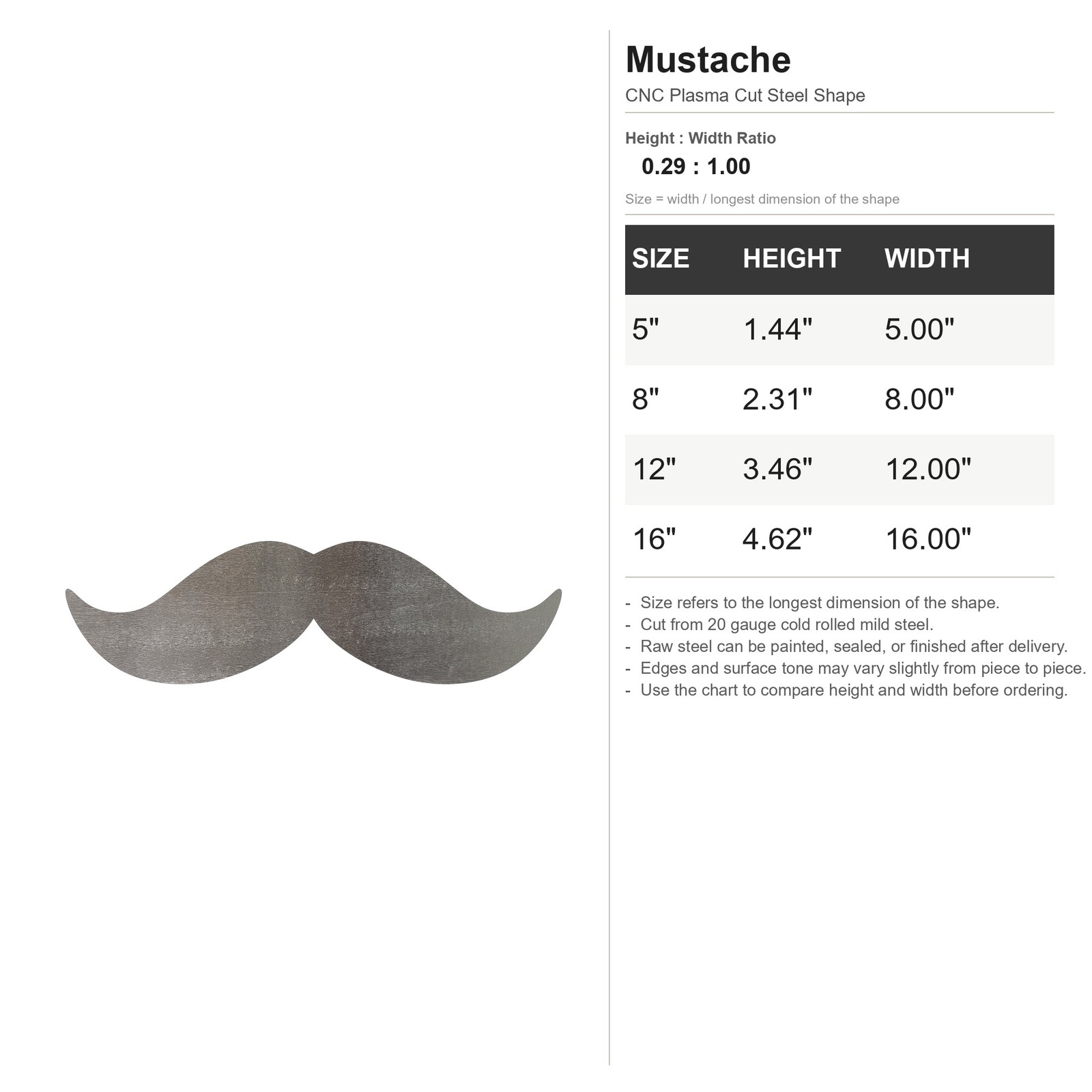 Mustache Steel Cutout Shape, Raw Metal Wall Art and Craft Supply