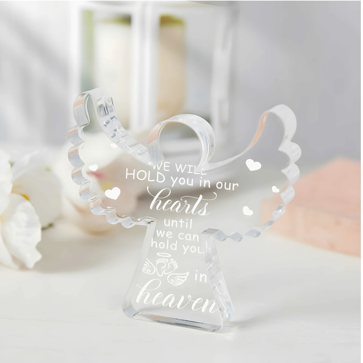 Memorial Acrylic Plaque with Angel Wings – “We will hold you in our Hearts” 3.9″