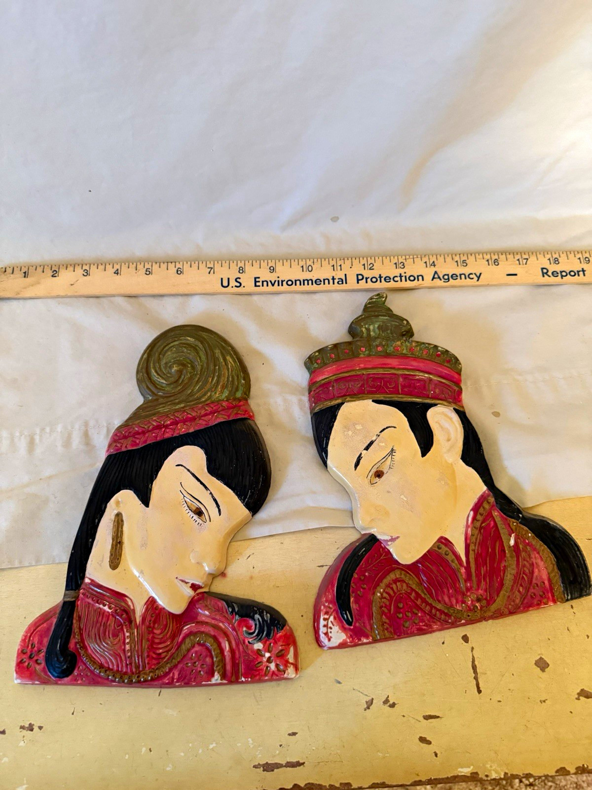Vintage Hand Painted Plaster Wall Plaques 2pc Asian Woman & Man Bust Relief, Red