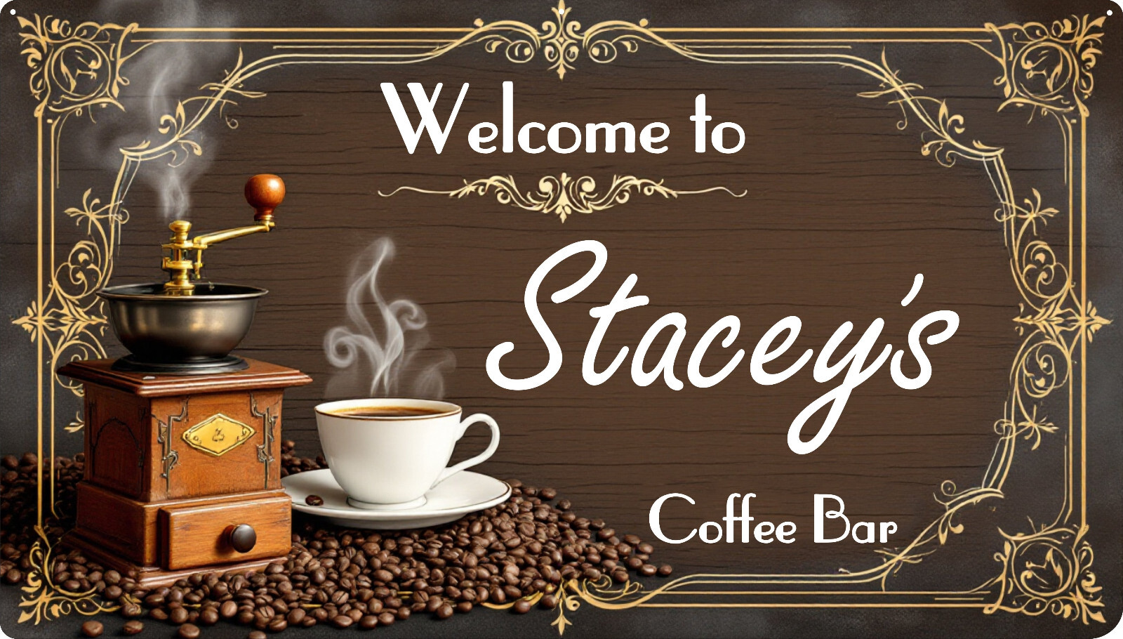 Coffee Bar Vintage Sign w/ Custom Text – Personalized With Your Name (12″ x 21″)