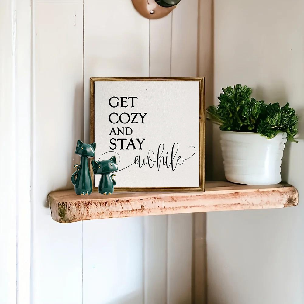 Farmhouse Wood “Get Cozy And Stay Awhile” Quote Wall Wooden Sign Gift