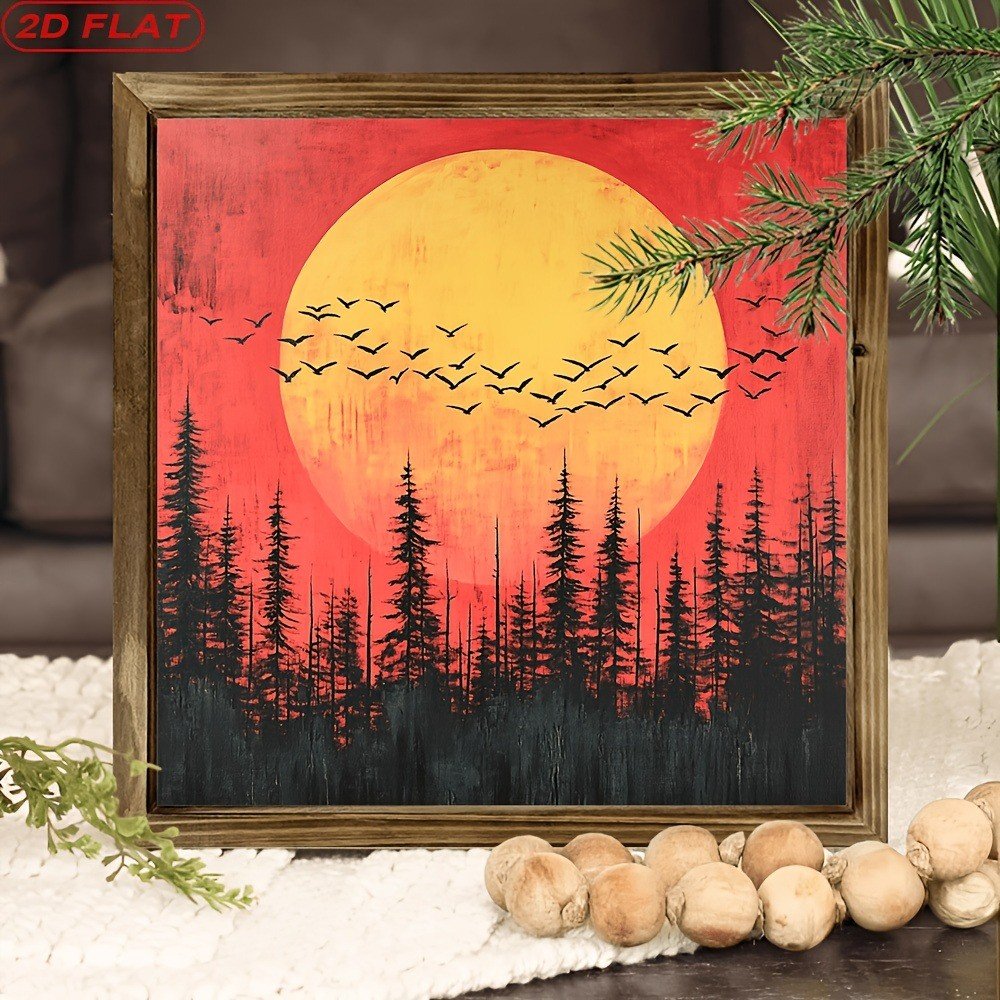 Sunset Forest Pine Tree Bird Wooden Sign Rustic Decor for Bedroom Cafe Gift