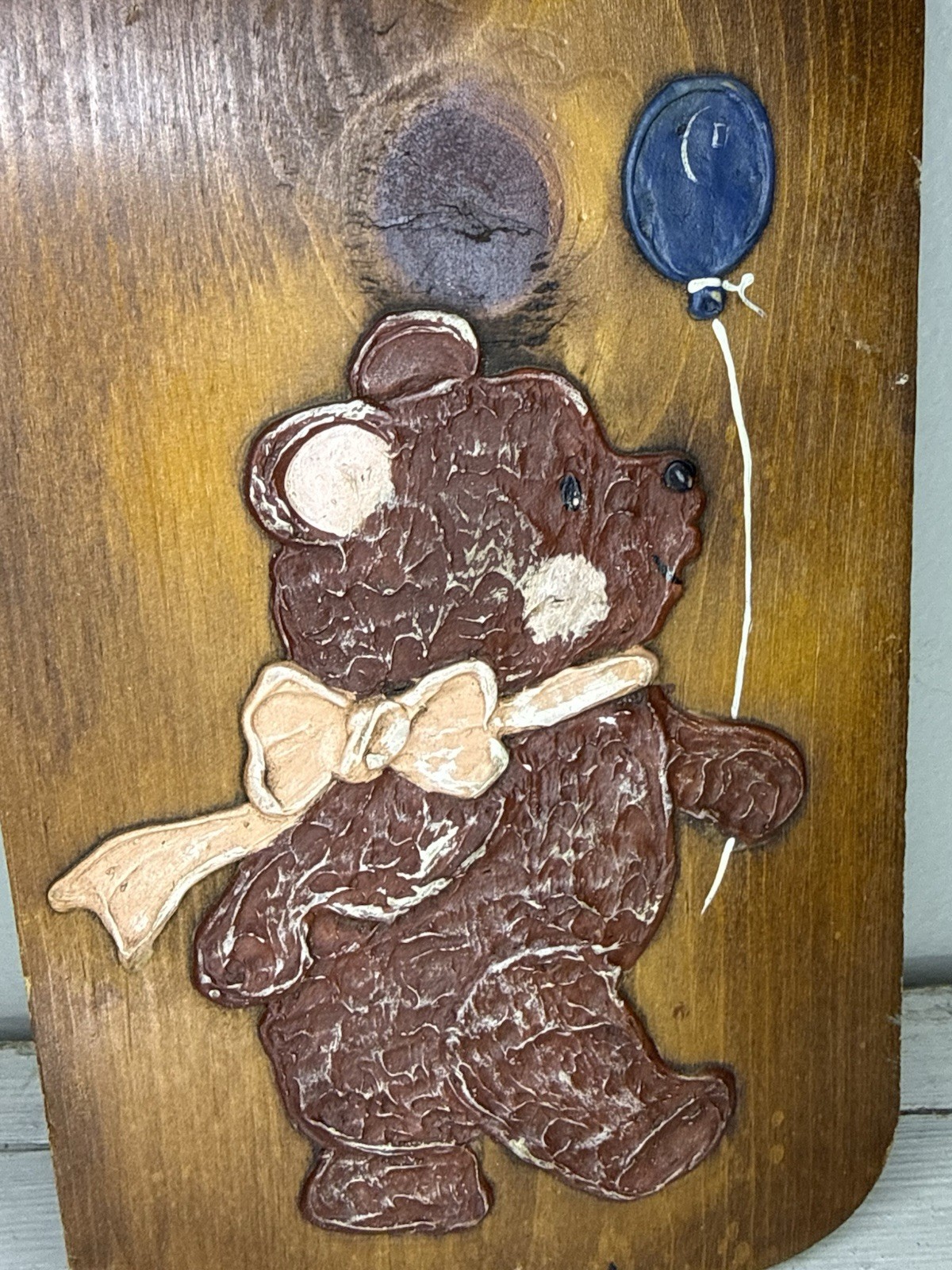 Vintage Wooden Teddy Bear Pink Bow, Balloon Sign Decor Farm Cottagecore Plaque