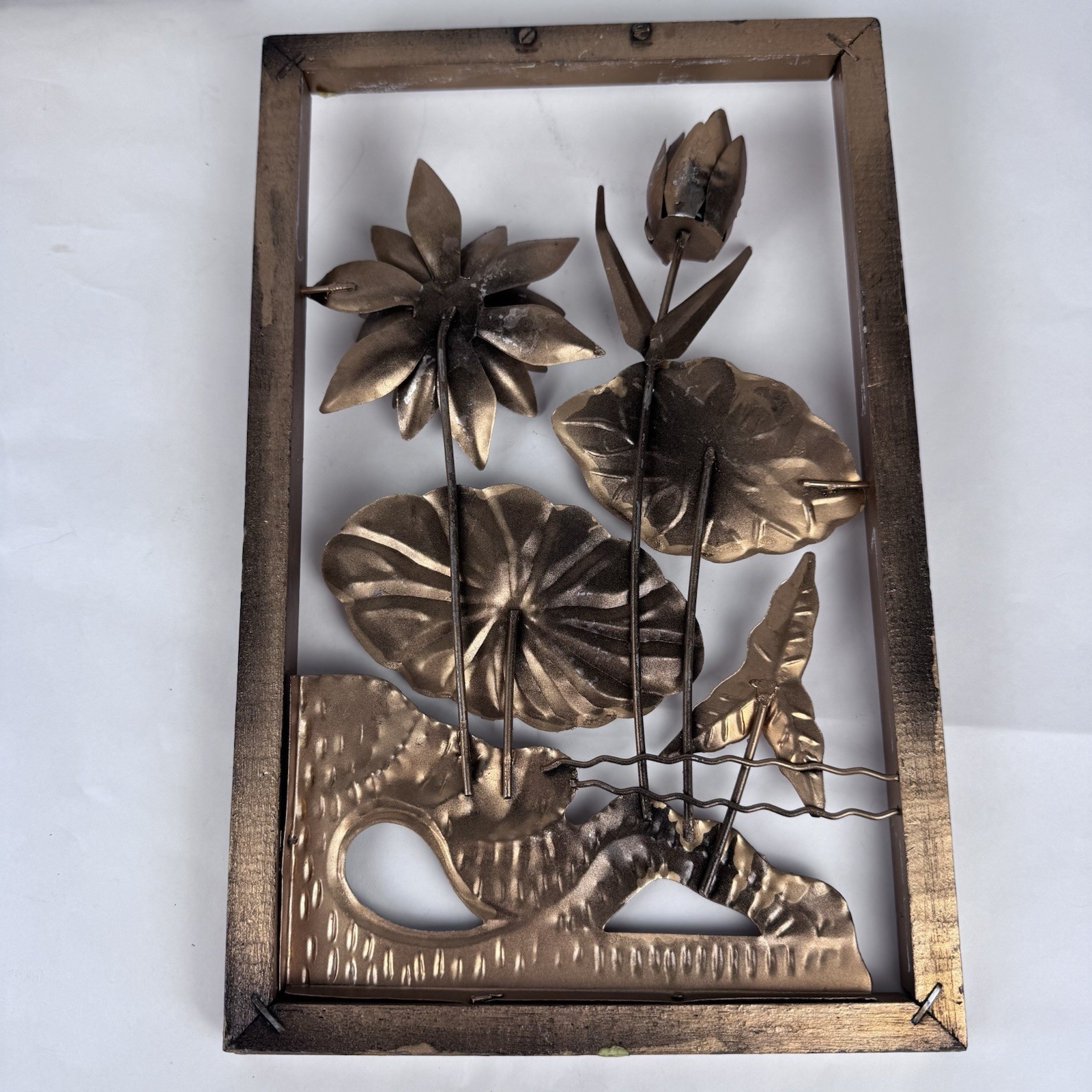 3 MCM Metal Art Gold 11X7 Wood Frame 3D Lily Pads Flowers Wall Hanging