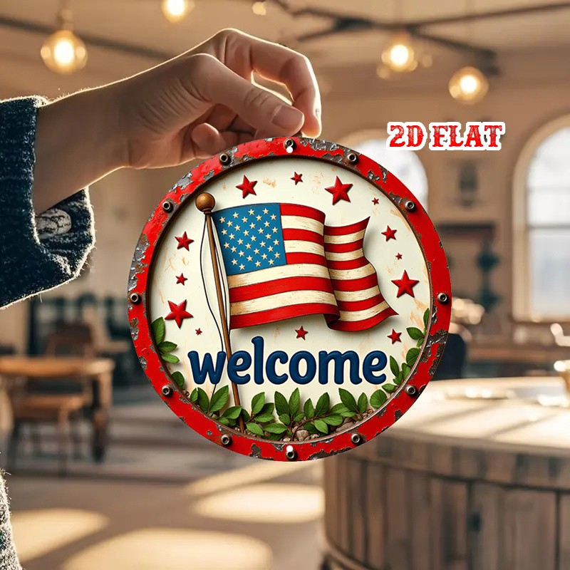 2D Flat Round Aluminum Metal Tin Sign Stars Stripes Metal Tin Sign Wall Decor♪