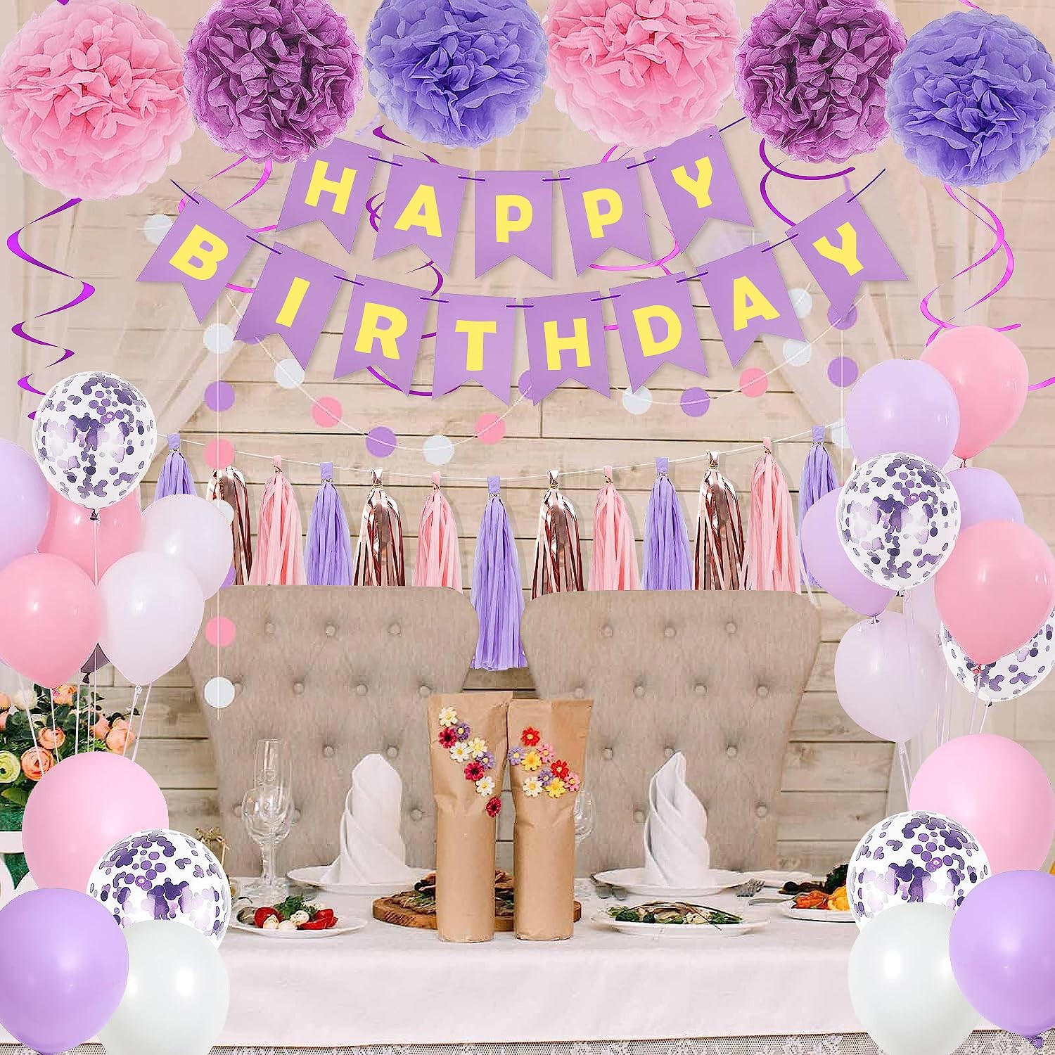 Purple Pink Birthday Party Decorations Women Girls with Happy Birthday Banner