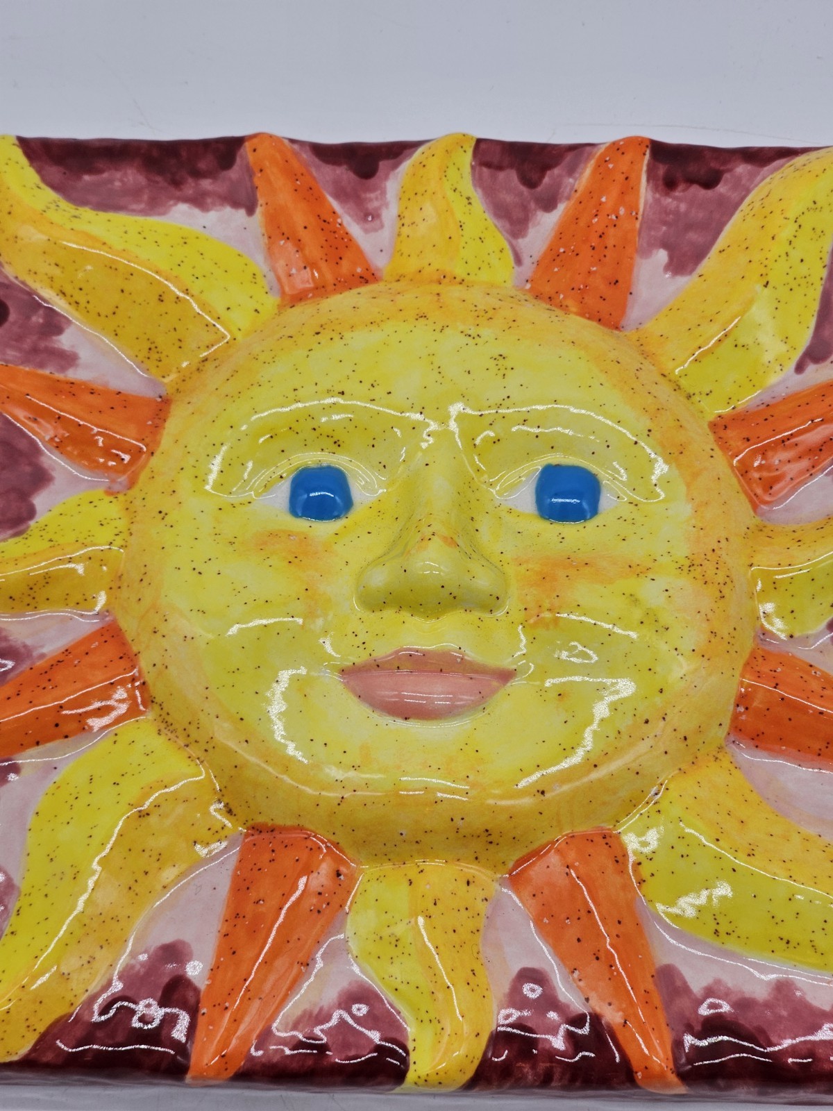Handmade Ceramic Smiling Sun Face Bright Colors 8×8″ Plaque Wall Art Summer
