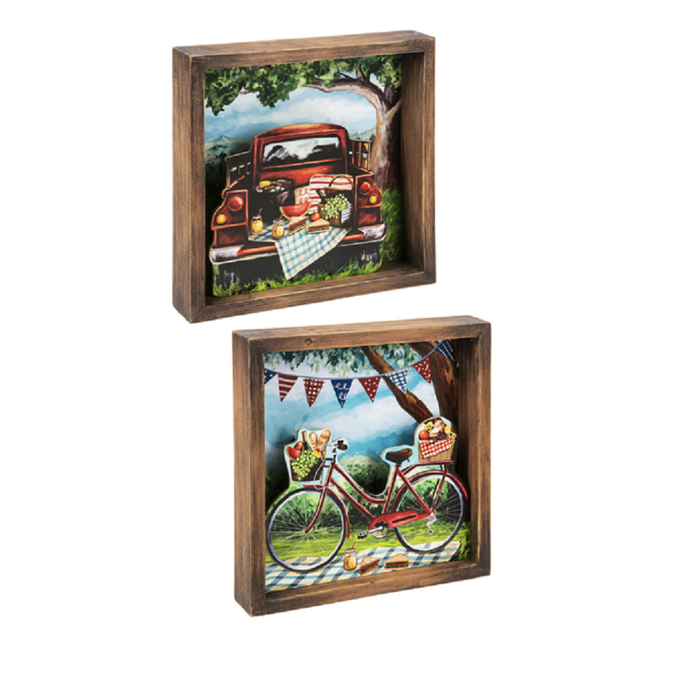 Ganz E1 Home Decor Life’s A Picnic Bicycle & Truck 8in Shadow Boxes Wall Plaques
