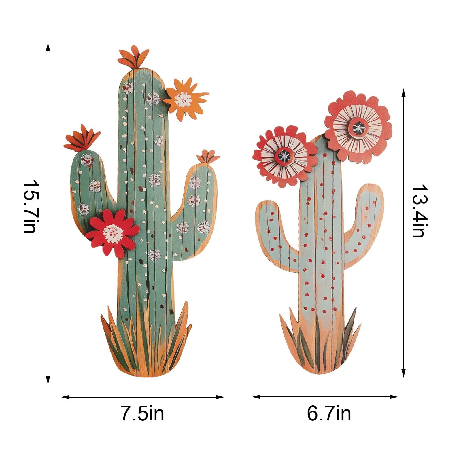 15.7in Layered Cactus Wall Decor, Set of 2 Wooden Cactus Flower Picture South…
