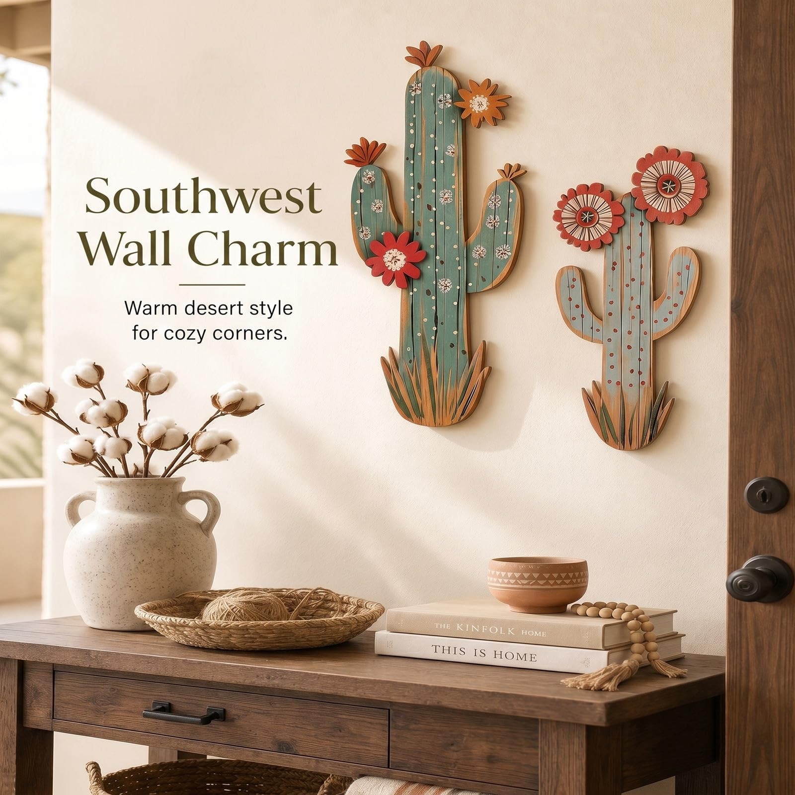 15.7in Layered Cactus Wall Decor, Set of 2 Wooden Cactus Flower Picture South…