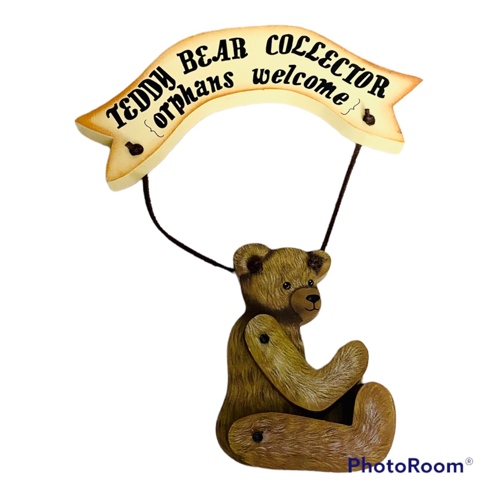 Teddy Bear Collector Wood Plaque w/ Hanging Jointed Bear Moveable Wall Sign