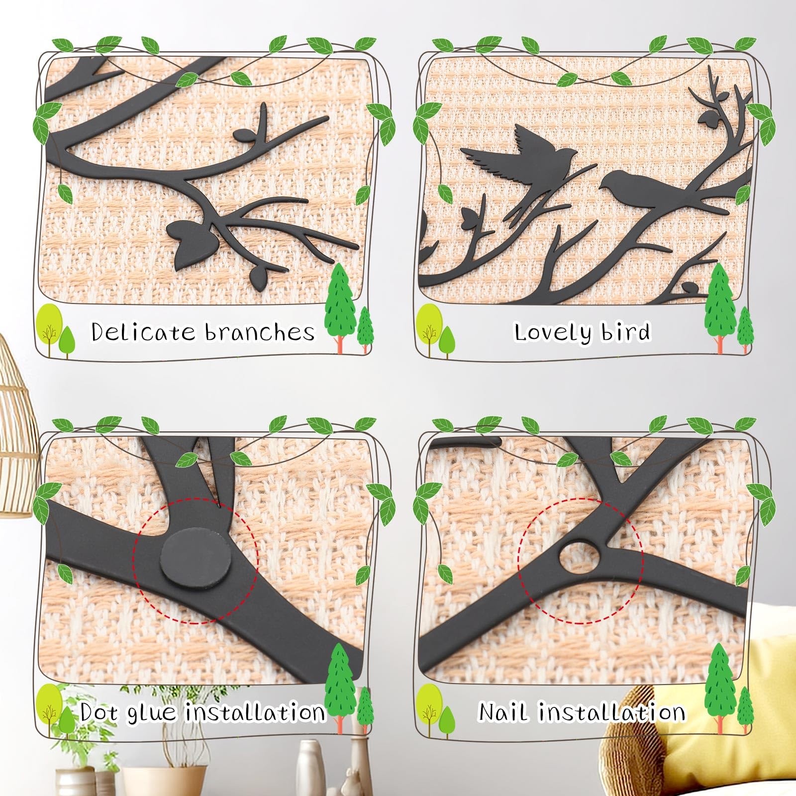 Medium Black Metal Tree With Birds On Branch Wall Art Living Room Garden Decor