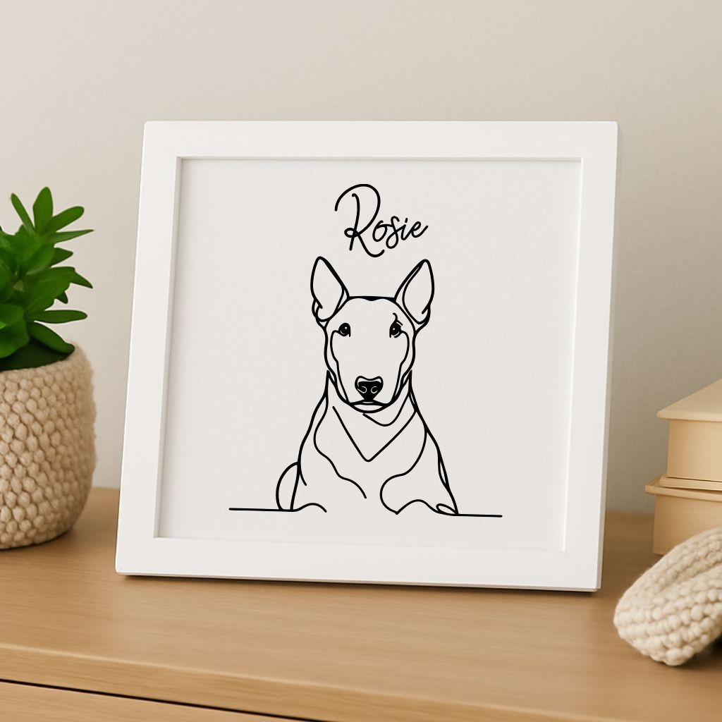 Custom Bull Terrier Dog Portrait on Wood in Frame Personalized Laser Etched Art