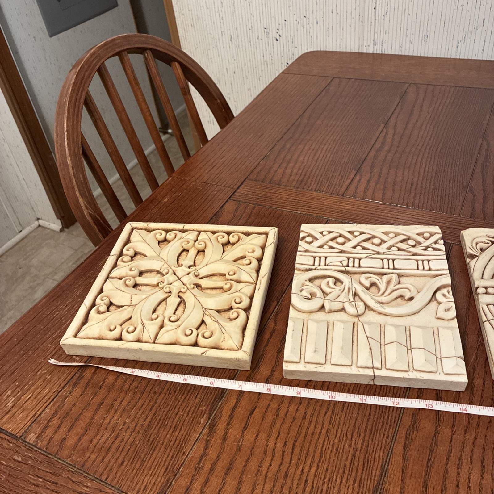 Wall Tiles/Plaque Floral Geometric Carved Decorative Cream Heavy Resin-Lot Of 3