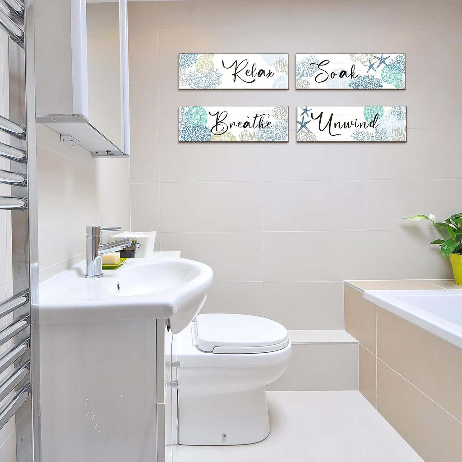 4 Pcs 11 X 3.5 Inches Ocean Beach Bathroom Wall Decor Coastal Bathroom Decor Woo