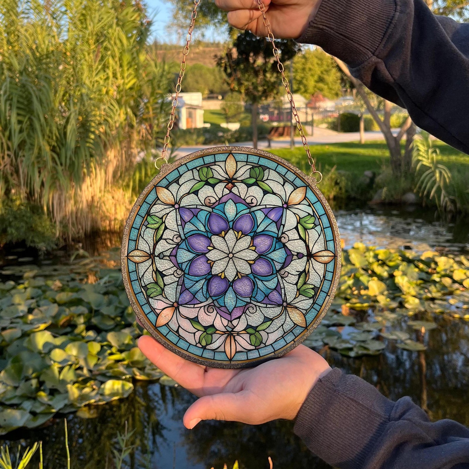 Geometric Floral Mandala Window Hanging, Stained Glass Style Art, Ind