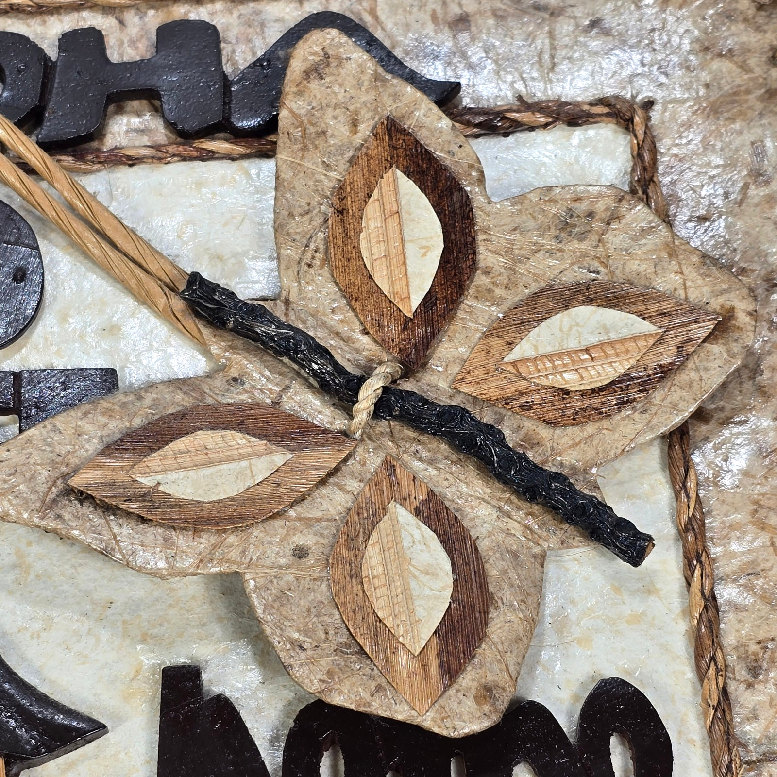 Aloha Hawaii God Bless Our Home Natural Handmade Paper Butterfly Rattan Plaque