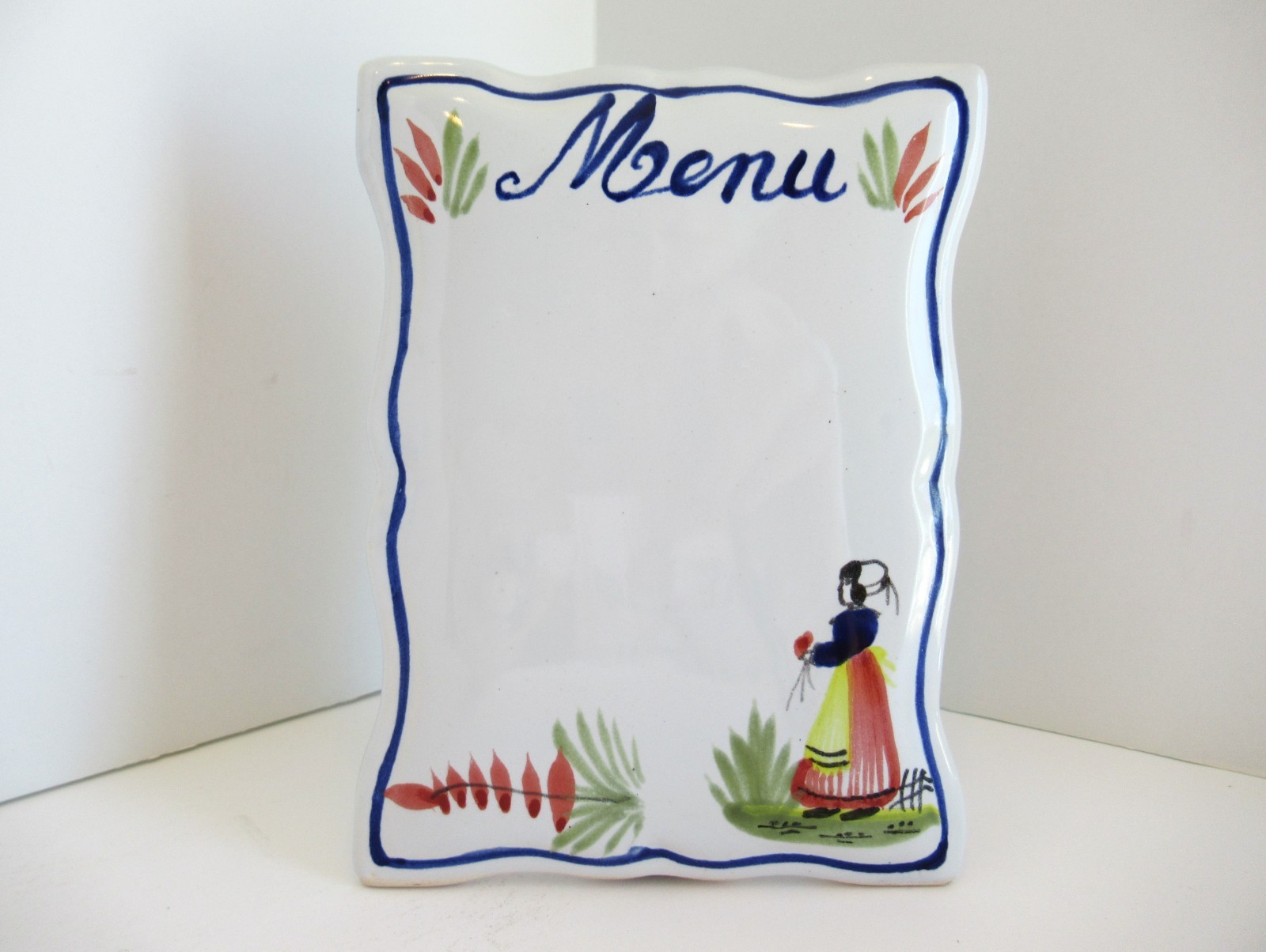 Quimper Ceramic Menu Plaque Lady Floral Design 5.75″ H x 4.25″ W x 2″ D France