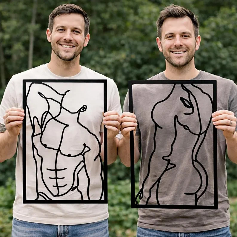 Masculine Man Metal Wall Art Set of 2 Minimalist Line Art Decor Male Body Gift
