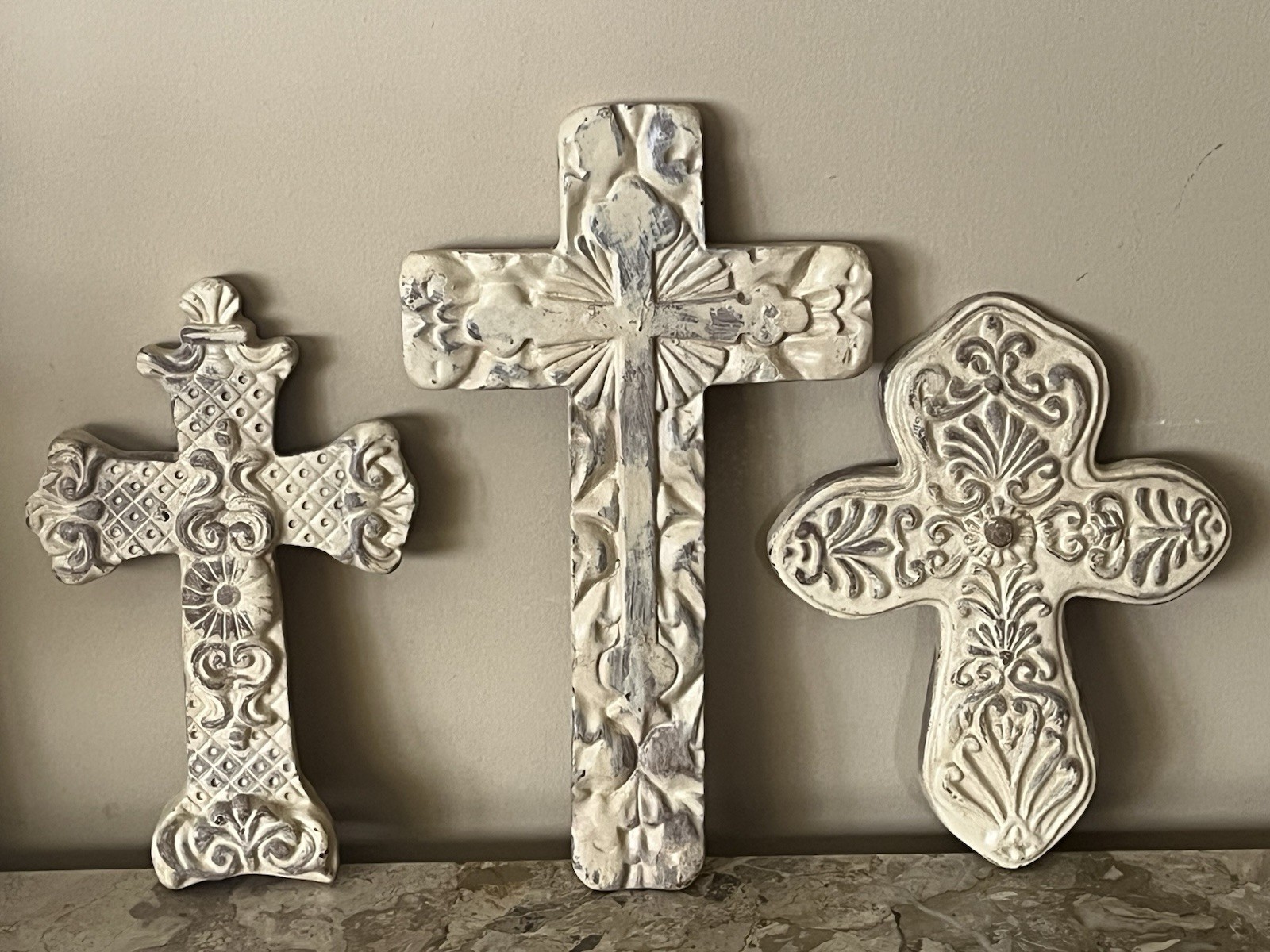 Wall CROSS Set Lot of 3 Shabby Cottage Farmhouse Distressed Carved-look Resin