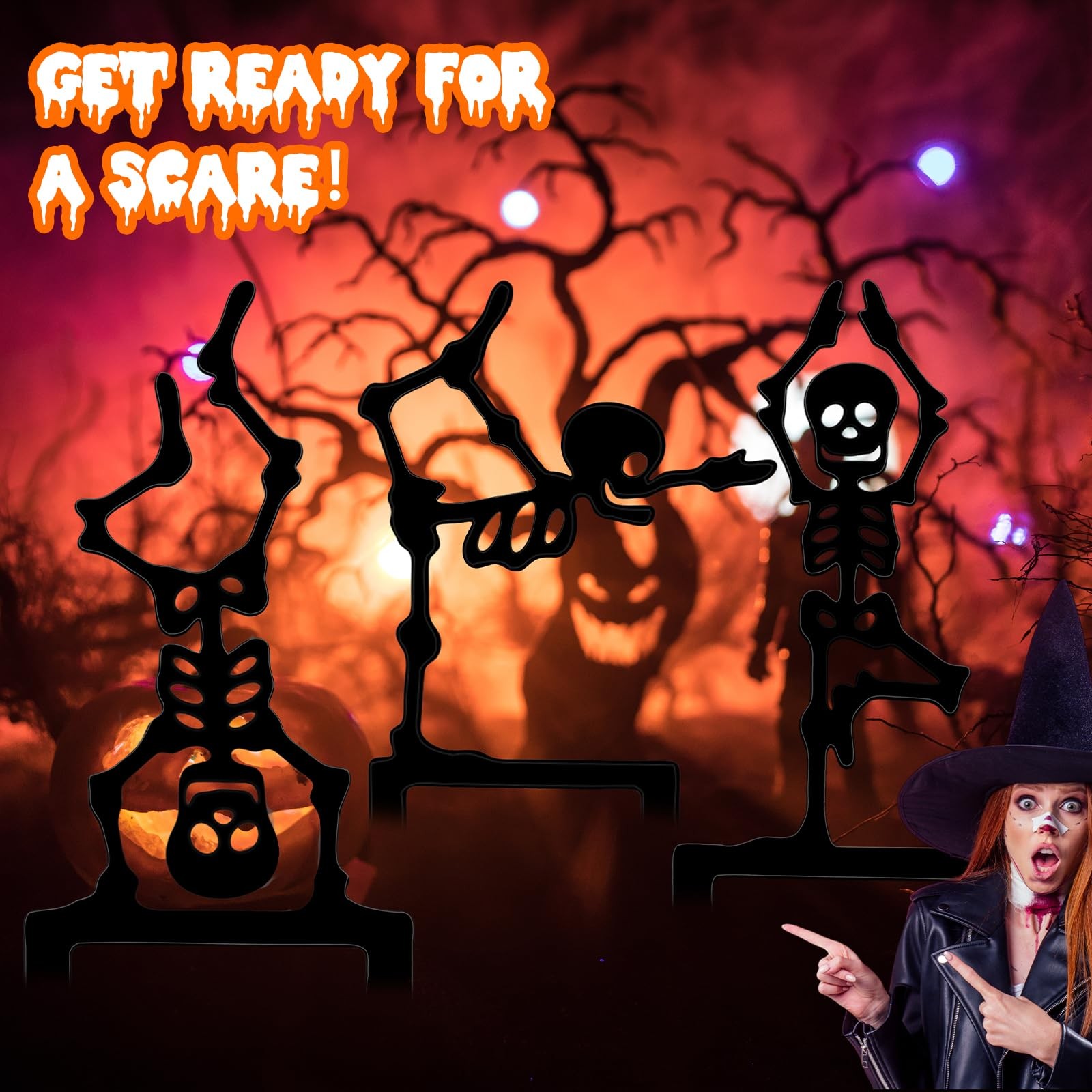 6 Pack Halloween Yard Stake 11.8″ Metal Skeleton Garden Stakes Black Hallowee…
