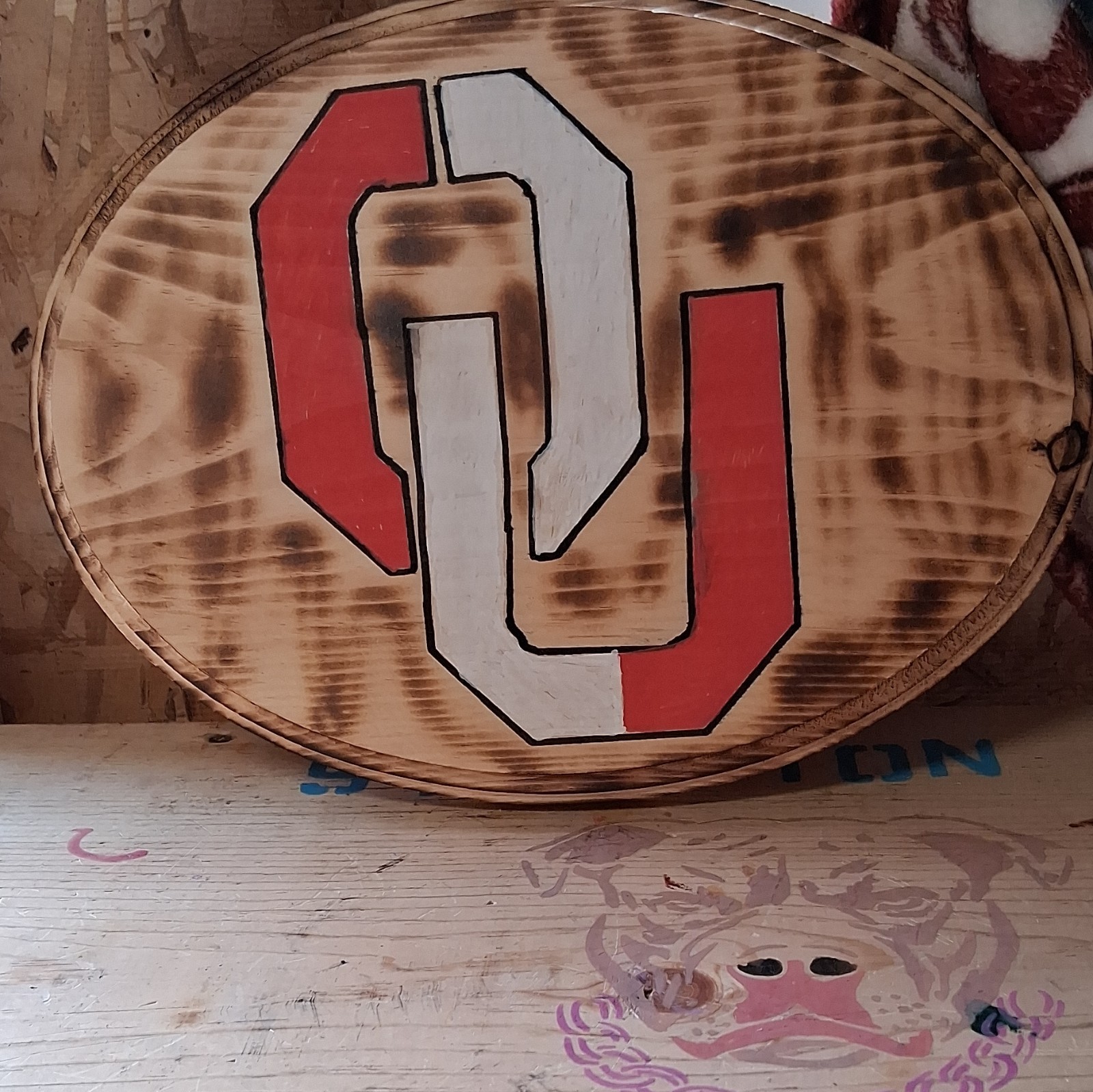Wood Sports OU Logo Painted Wall Plaque Sign Oval Horizontal Brown Red White
