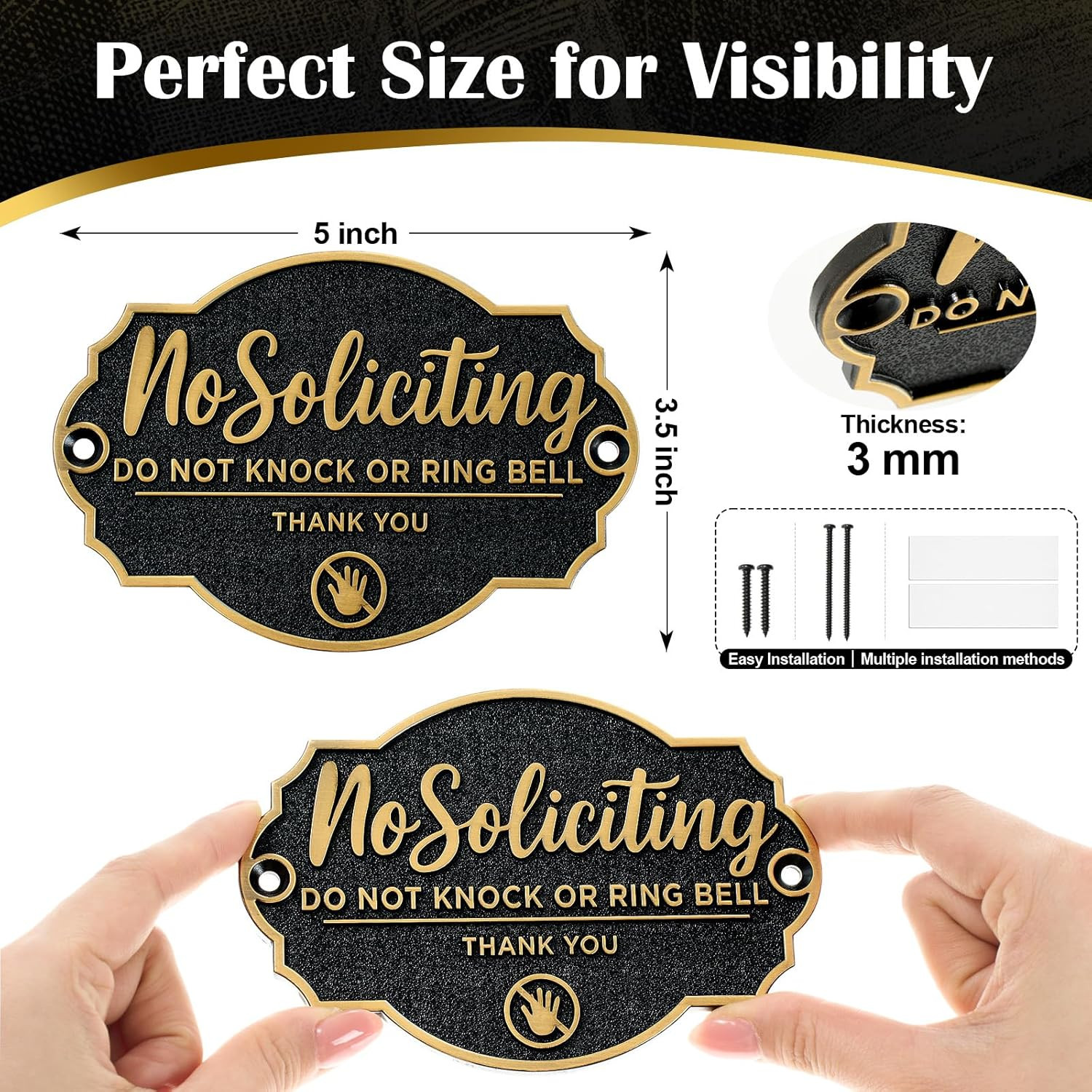 Brass No Soliciting Sign for House Front Door No Soliciting Wall Plaque Self Adh