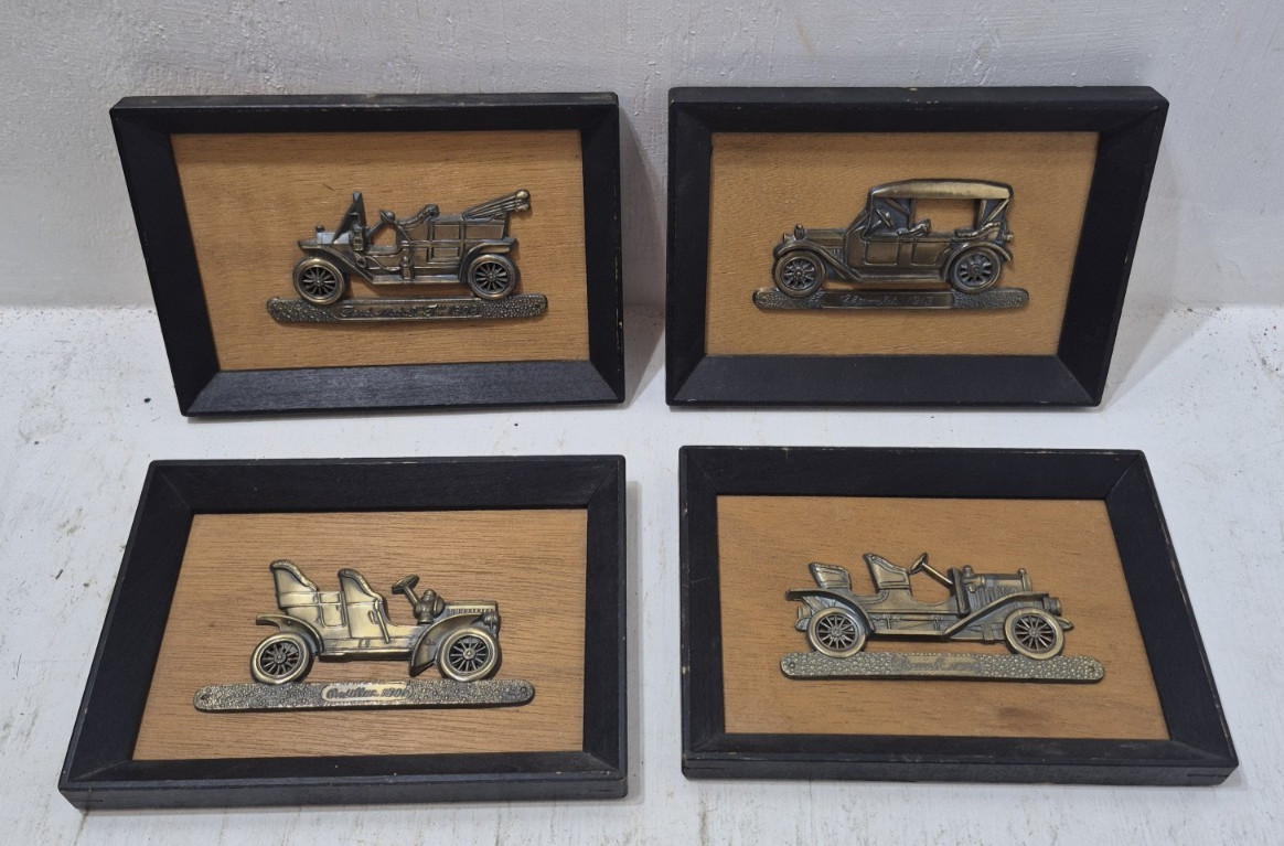 4 Vintage MCM Wooden Framed Plaques Brass Classic Cars Wall Decor Set Lot Ford+