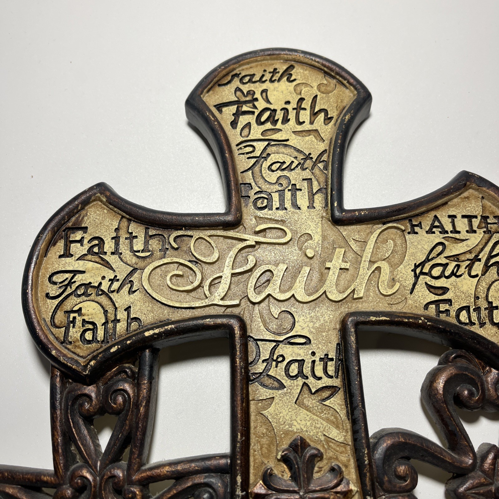 Ceramic Beige & Brown Faith Cross Christian Religious Rustic Wall Art Decor