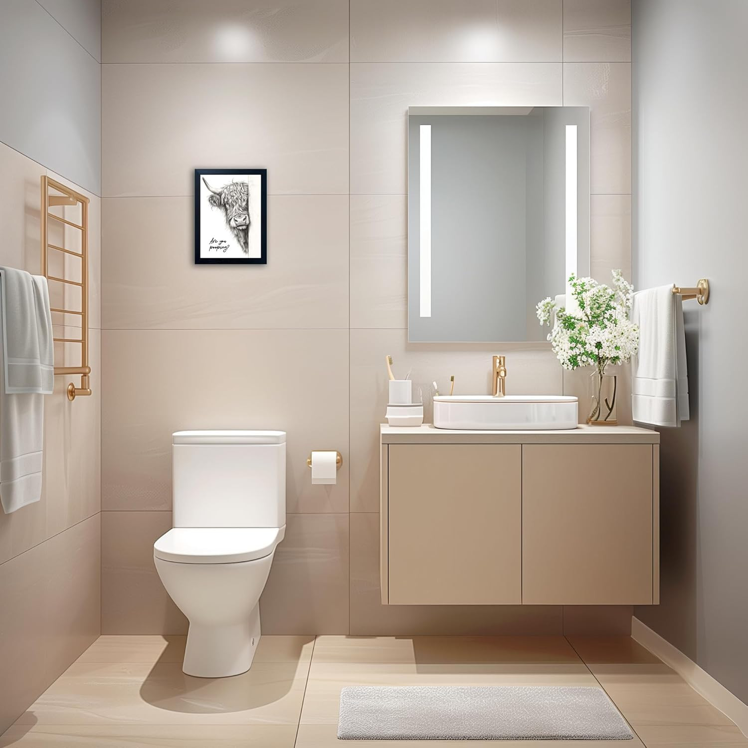 Arte de pared divertido de vaca para baño decoracion rustica con marco negro