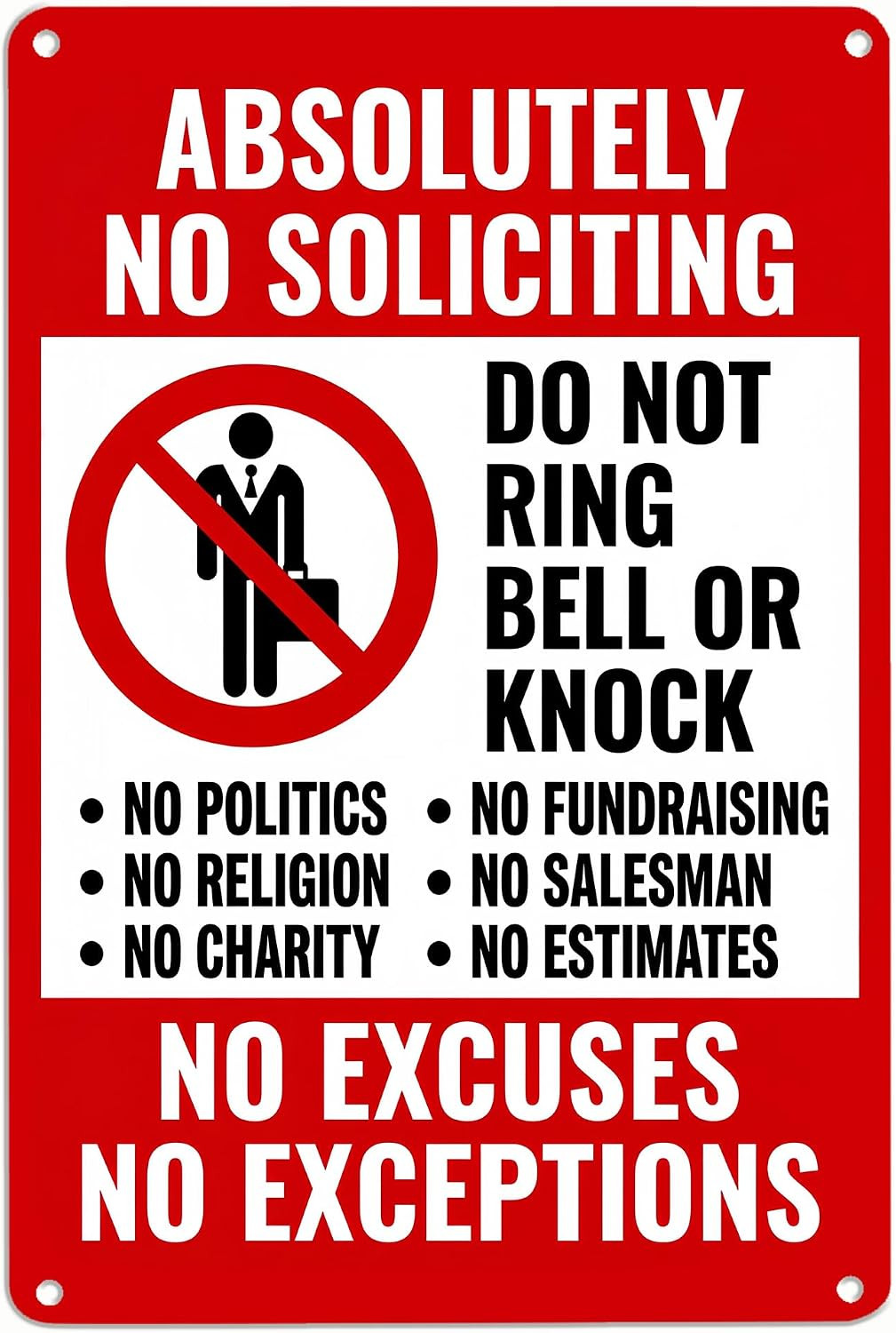 Absolutely No Soliciting Sign 8X12 Inch Metal Aluminum Plaque, Do Not Ring Bell