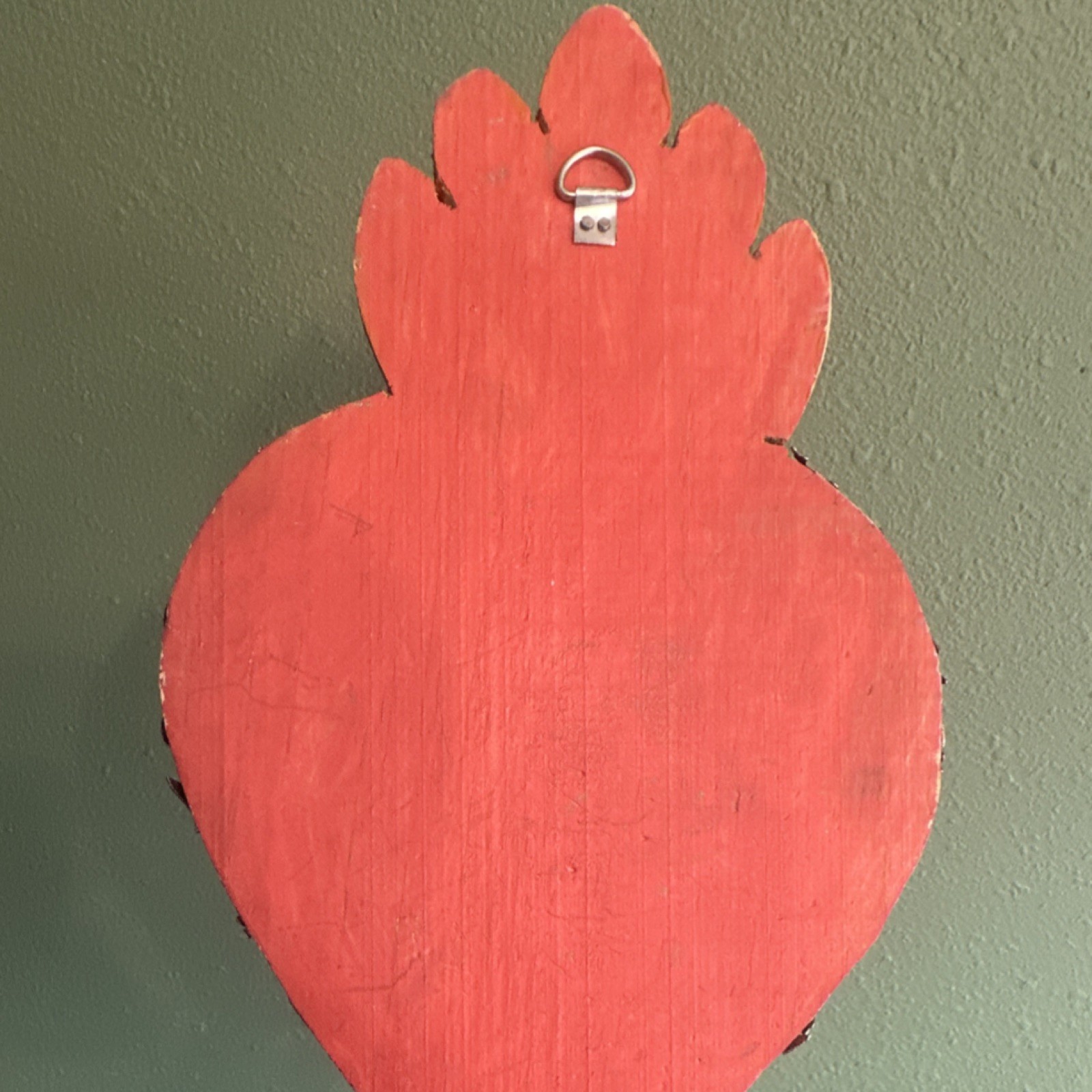 Vintage Mexican Folk Art Carved Wood Flaming Sacred Heart Milagros Medals