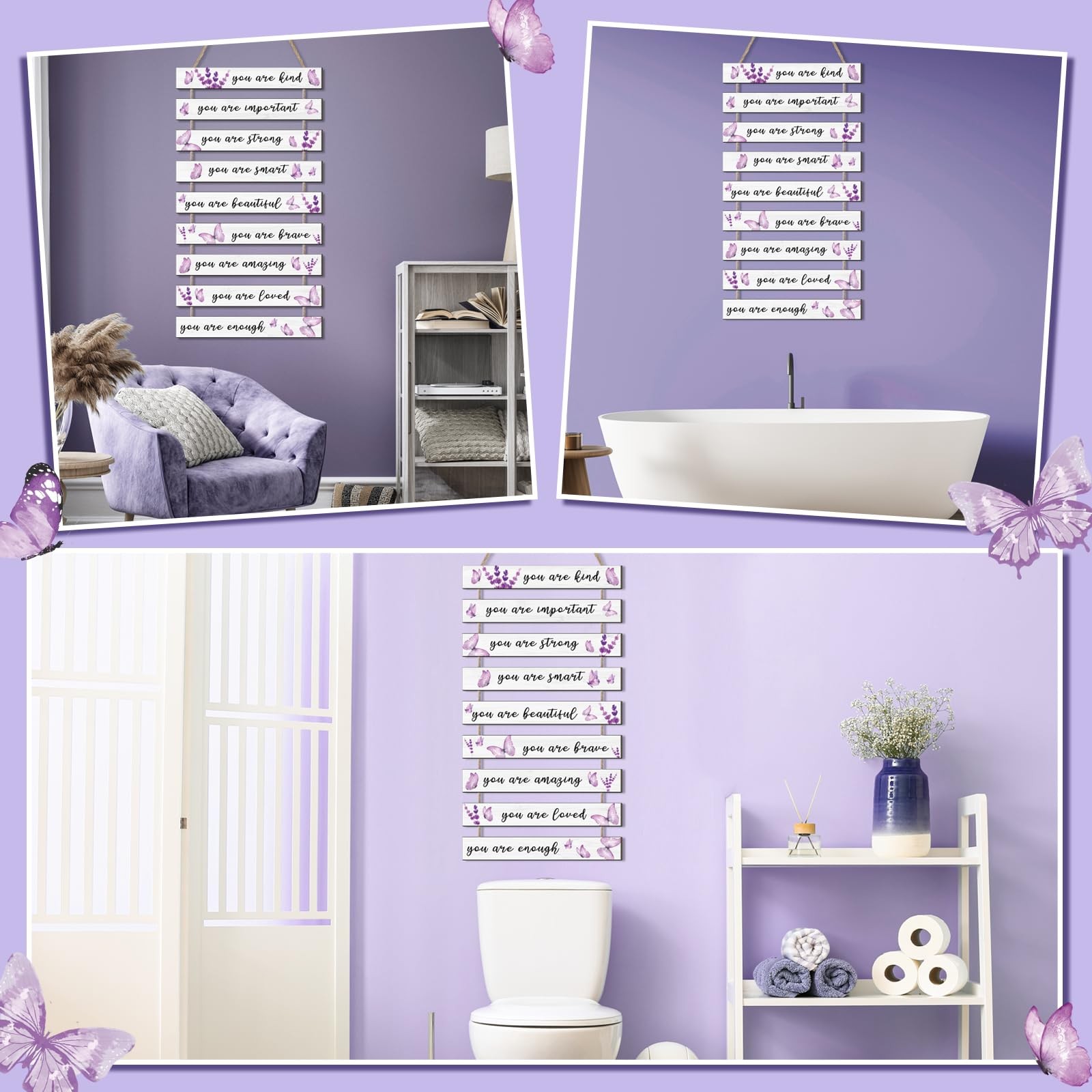 9 Pcs Bedroom Purple Butterfly Inspirational Wall Art Decor Purple Nursery Wo…