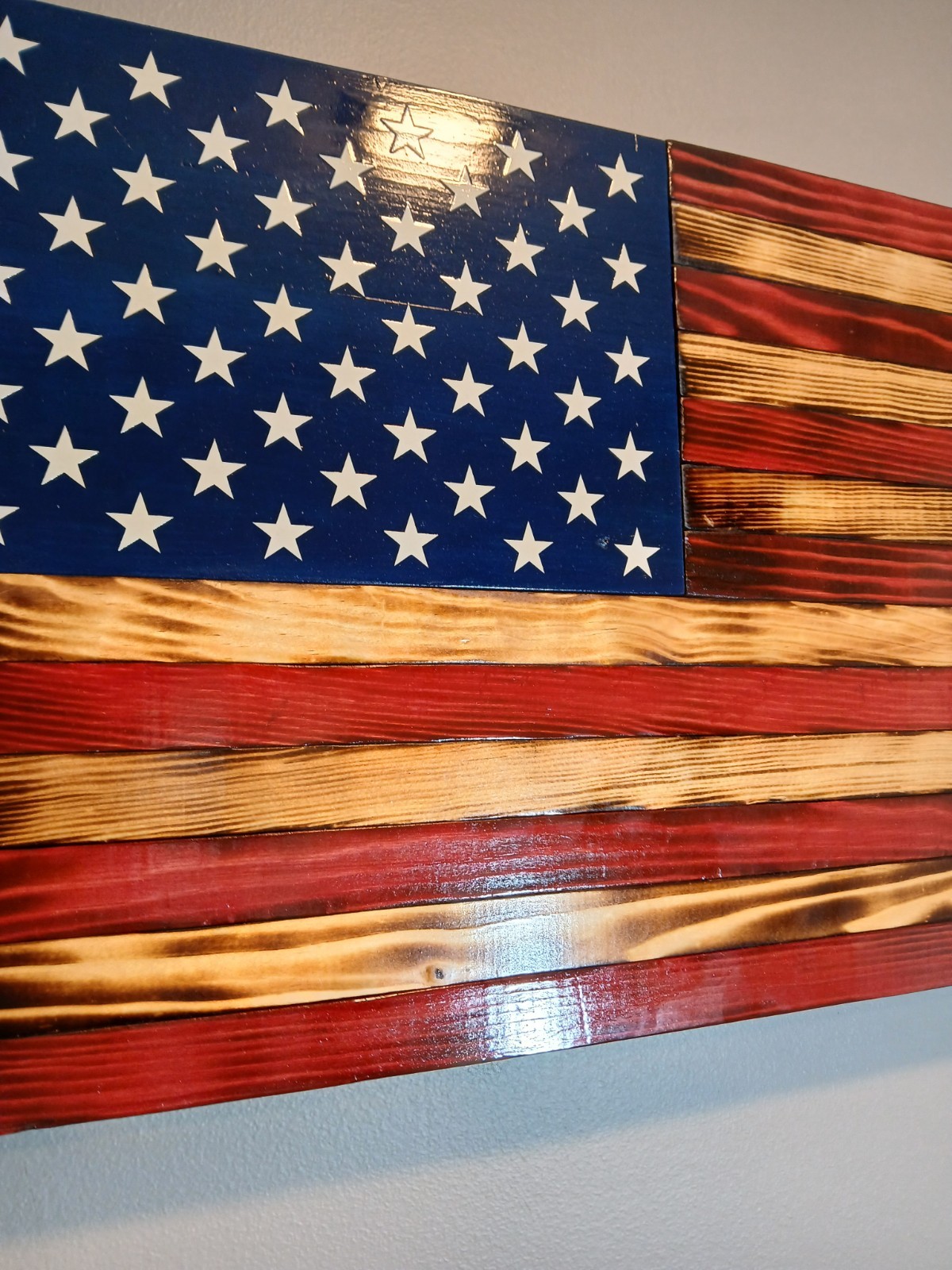 RUSTIC WOODEN AMERICAN FLAG HANDCRAFTED BURNT 25″ x 13.5″ 50 STARS IN STOCK