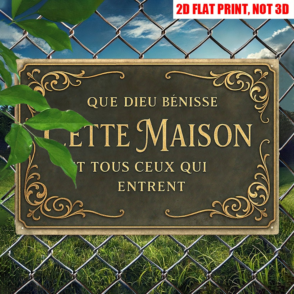 Vintage French Que Dieu Bénisse Cette Maison Metal Sign 2D Home Blessing Decor